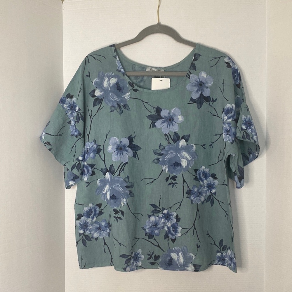 Elena Baldi 100 % Italian Linen Blouse Aqua Green Size M.